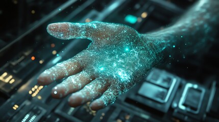 A close-up of a glowing blue hand with a network of lines, on a dark and futuristic background.