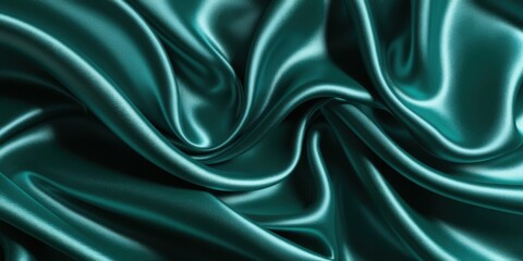 Fototapeta premium Luxurious teal satin fabric, flowing folds, shimmering texture, silky smooth surface, rich emerald green hues, elegant drapery, soft reflections, high-end textile, fashion background, opulent material