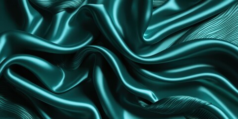Obraz premium Luxurious teal satin fabric, flowing folds, shimmering texture, silky smooth surface, rich emerald green hues, elegant drapery, soft reflections, high-end textile, fashion background, opulent material