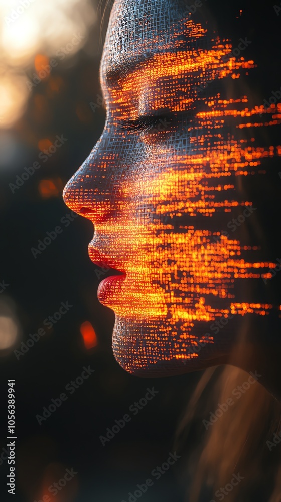 Poster a close-up of a person's face with a digital grid glowing brightly with orange light.