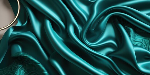 Fototapeta premium Luxurious teal satin fabric, flowing folds, shimmering texture, silky smooth surface, rich emerald green hues, elegant drapery, soft reflections, high-end textile, fashion background, opulent material