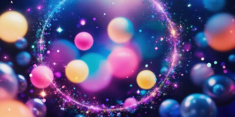 Magical glass bottles, glowing potions, cosmic background, floating lanterns, enchanted forest, fairy lights, ethereal atmosphere, mystical ring, starry night sky, colorful reflections, fantasy scene,