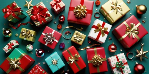 Christmas gifts, colorful wrapped presents, festive holiday decor, red and green color scheme, shiny ornaments, gold ribbons, teal background, flat lay photography, top view, abundance, variety, celeb