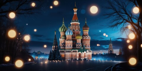 Obraz premium Red Square Moscow, St. Basil's Cathedral, night scene, illuminated architecture, colorful domes, bokeh lights, orange glowing orbs, starry sky, magical atmosphere, historic landmark, Russian architect