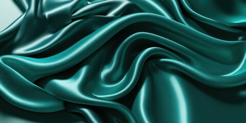 Obraz premium Luxurious teal satin fabric, flowing folds, shimmering texture, silky smooth surface, rich emerald green hues, elegant drapery, soft reflections, high-end textile, fashion background, opulent material