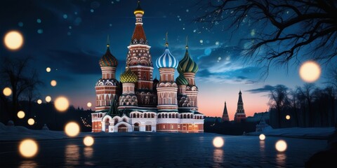 Obraz premium Red Square Moscow, St. Basil's Cathedral, night scene, illuminated architecture, colorful domes, bokeh lights, orange glowing orbs, starry sky, magical atmosphere, historic landmark, Russian architect