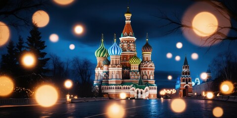 Fototapeta premium Red Square Moscow, St. Basil's Cathedral, night scene, illuminated architecture, colorful domes, bokeh lights, orange glowing orbs, starry sky, magical atmosphere, historic landmark, Russian architect