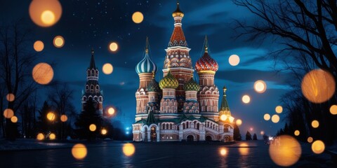 Obraz premium Red Square Moscow, St. Basil's Cathedral, night scene, illuminated architecture, colorful domes, bokeh lights, orange glowing orbs, starry sky, magical atmosphere, historic landmark, Russian architect