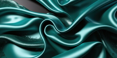 Obraz premium Luxurious teal satin fabric, flowing folds, shimmering texture, silky smooth surface, rich emerald green hues, elegant drapery, soft reflections, high-end textile, fashion background, opulent material