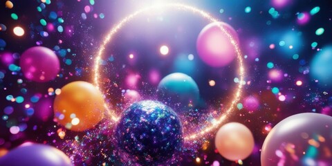 Magical glass bottles, glowing potions, cosmic background, floating lanterns, enchanted forest, fairy lights, ethereal atmosphere, mystical ring, starry night sky, colorful reflections, fantasy scene,