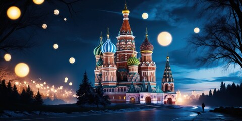 Obraz premium Red Square Moscow, St. Basil's Cathedral, night scene, illuminated architecture, colorful domes, bokeh lights, orange glowing orbs, starry sky, magical atmosphere, historic landmark, Russian architect