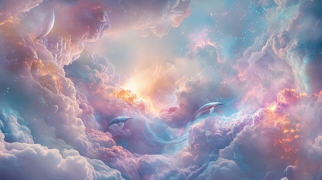 Ethereal clouds with soft colors and celestial elements.