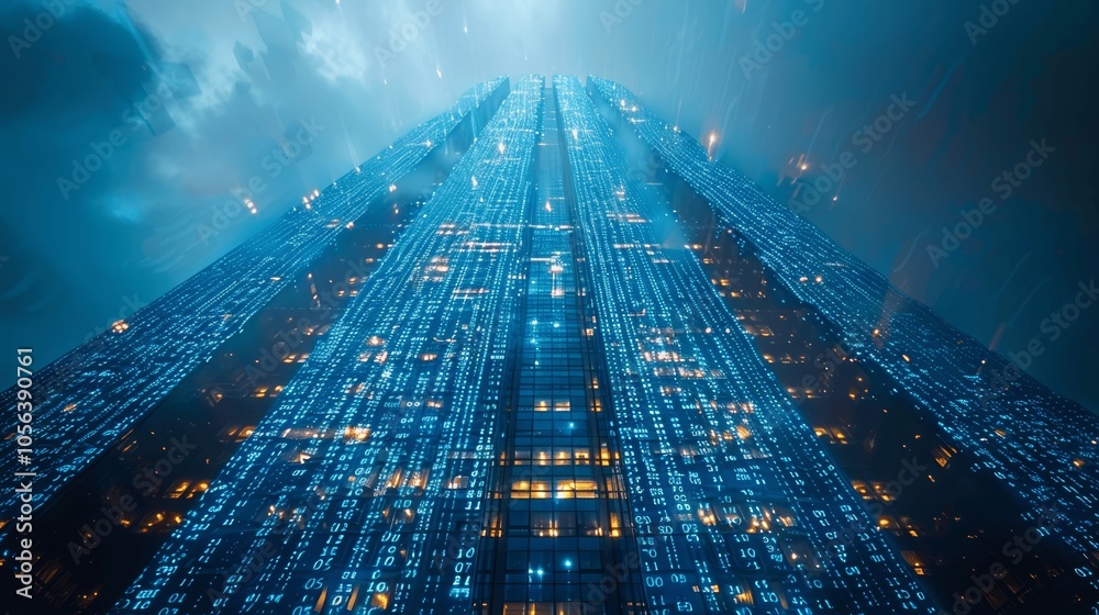 Aufkleber Digital Skyscraper of Numbers and Code - AI Business Revolution on Indigo Background - 3D High-Resolution View