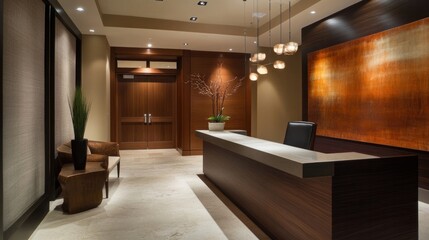 A condominium reception area with a modern desk, elegant lighting fixtures, and warm wooden accents to create an inviting entry point.