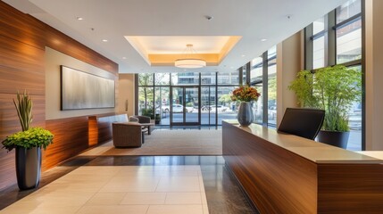 A condominium reception area with a modern desk, elegant lighting fixtures, and warm wooden accents to create an inviting entry point.