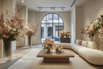 A floral boutique focusing on curated flower arrangements, set in a stylish interior with accent lighting and artistic displays.