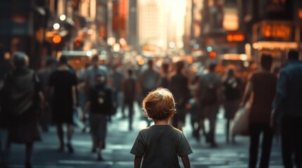 A lost child wandering in a busy city, looking confused and overwhelmed by the bustling crowd