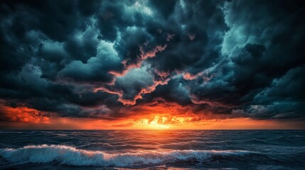 Obraz premium Dark, threatening clouds form in the sky over the ocean. generative ai