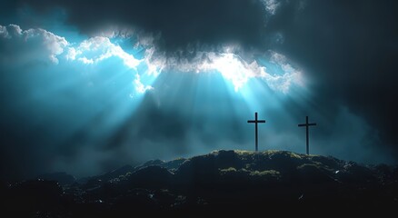 Majestic Light Over Golgotha Hill Revealing Holy Cross Symbol of Jesus Christ's Death and Resurrection