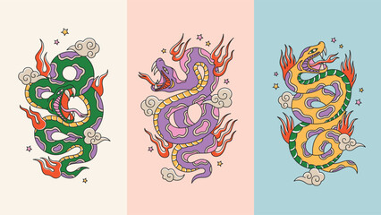 Snake set in traditional oriental tattoo style. Happy new year poster templates with snakes, fire, clouds and stars. Colorful pythons of lunar year symbol.