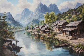 Fototapeta premium A mountain river with traditional fishing villages along its banks, featuring rustic wooden huts and fishing boats, capturing the harmony between village life and nature.