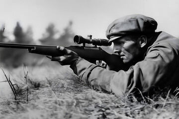 Fototapeta premium World war 2 military soldier aim pistol.
