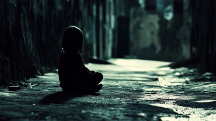 An abandoned child sitting alone in a deserted alley, surrounded by shadows in a gloomy urban environment
