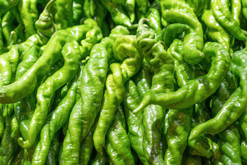 fresh Crooked and curved long green peppers in the market.