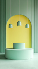 modern interior featuring mint green and lemon yellow color scheme, with three pendant lights hanging above circular display. design exudes fresh and inviting atmosphere