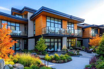 An outside view of a contemporary condominium with multi-level terraces, each offering private outdoor spaces for residents.