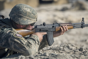 Fototapeta premium A soldier in camouflage gear aims a rifle during a war.