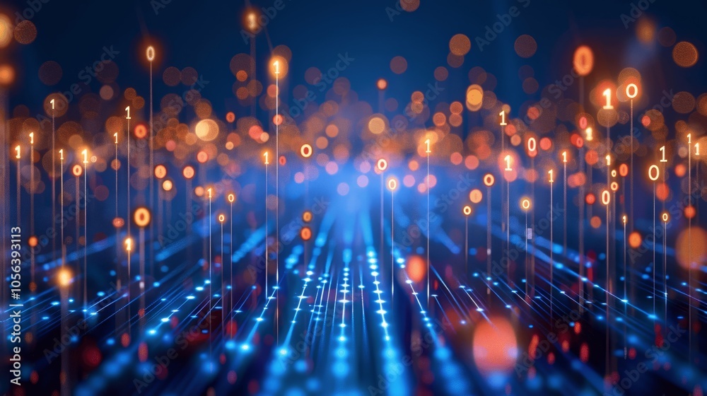 Poster Abstract Digital Background with Binary Code and Glowing Lines on Dark Blue City Lights - Concept of Big Data and Cyber Security