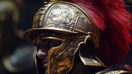 Obraz premium A Roman soldier helmet close-up, showing the intricate metalwork and the red plume, capturing the craftsmanship and symbolism of rank.