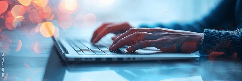 Poster woman typing on laptop at office with copy space, hands closeup, business and technology concept, wo