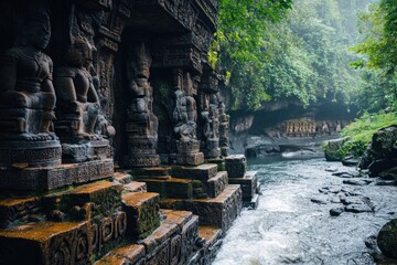 Fototapeta premium A sacred mountain river location showcasing a tranquil river surrounded by ancient stone carvings and ceremonial altars, highlighting its spiritual significance.