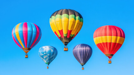 Fototapeta premium Colorful hot air balloons float against clear blue sky, creating vibrant and joyful scene. This festival atmosphere captures essence of adventure and freedom