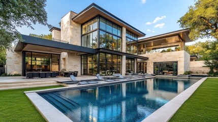 Fototapeta premium A spacious modern mansion with large windows and a beautiful swimming pool in the backyard, emphasizing luxury and openness