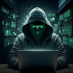 Silhouette of anonymous hacker with data flow surrounding, symbolizing cybersecurity and digital crime