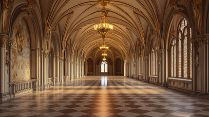 Obraz premium Gilded dining gallery: an expansive enchanted banquet hall. fantasy wallpaper. Medieval Banquet Hall. Illustration