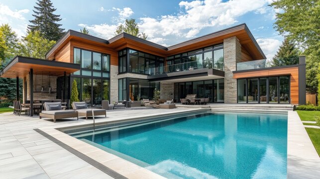 A spacious modern mansion with large windows and a beautiful swimming pool in the backyard, emphasizing luxury and openness