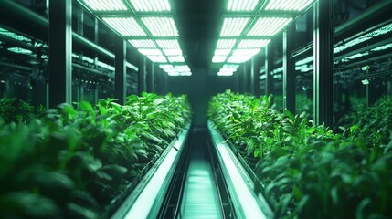 A panoramic view of a vertical farm powered by AI, with plants growing in optimal conditions under LED lights