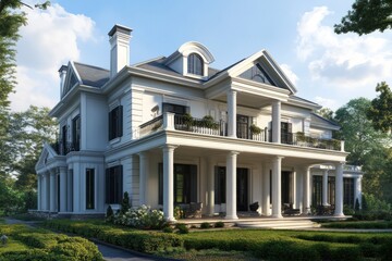 Classic big house with a spacious porch, traditional pillars, and detailed exterior design in a picturesque setting