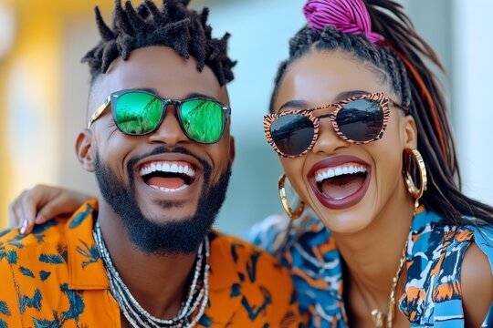 3D-rendered scene of a couple laughing together in a modern cafÃ©, with bright details and happy expressions that capture connection, symbolizing warmth and companionship