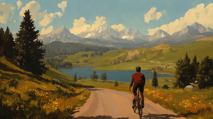 Obraz premium Cyclist on Scenic Mountain Path with Lake and Majestic Peaks in the Background