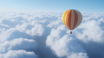 Fototapeta premium colorful hot air balloon floats gracefully above fluffy clouds, creating serene and picturesque scene. vibrant colors contrast beautifully with soft, white clouds, evoking sense of adventure and
