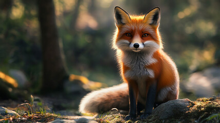 A curious red fox sits gracefully on a forest floor surrounded by sunlight in the afternoon