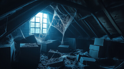 Eerie abandoned attic with cobwebs and dust in moonlit glow