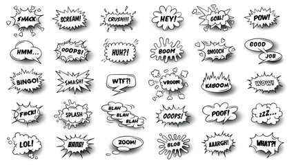 30 comic speech bubbles with worlds. Halftone shadows, vintage design, pop art style. Vector templates for comics book , social media banners, promotional material.
