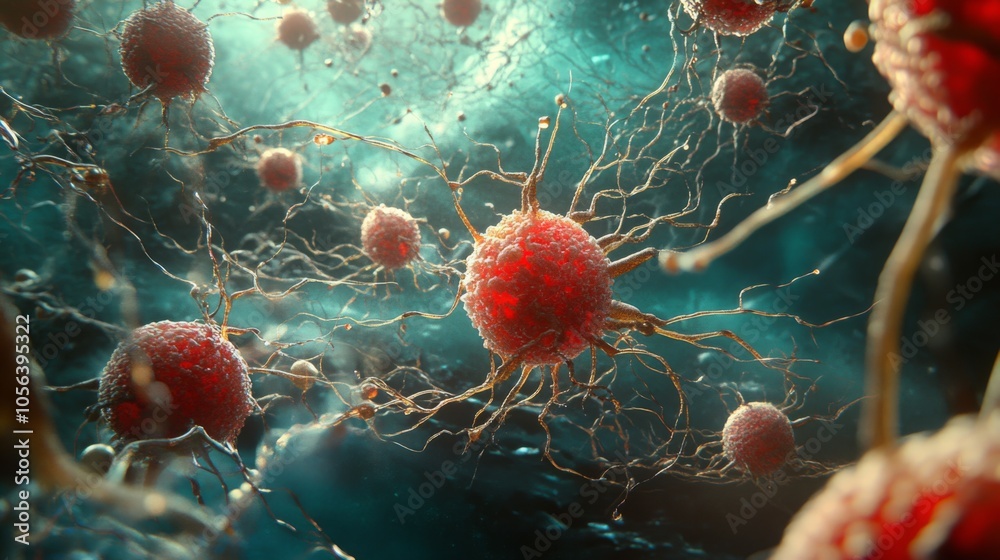 Fototapete a striking close-up reveals numerous red cells with intricate extensions interacting in a colorful, 