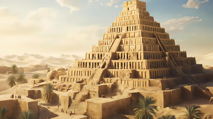 Illustration of the tower of babel from the old testament, bible. Sumerian Ziggurat. Illustration